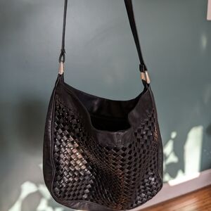 Ganson Black Woven Leather Shoulder Bag